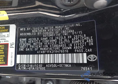 2015 Toyota Camry Le from USA, damaged, VIN 4T4BF1FK2FR476016